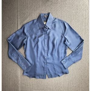 Ann Taylor Petites Sz SP Blue Silk Button Up Shirt Top Blouse NWT